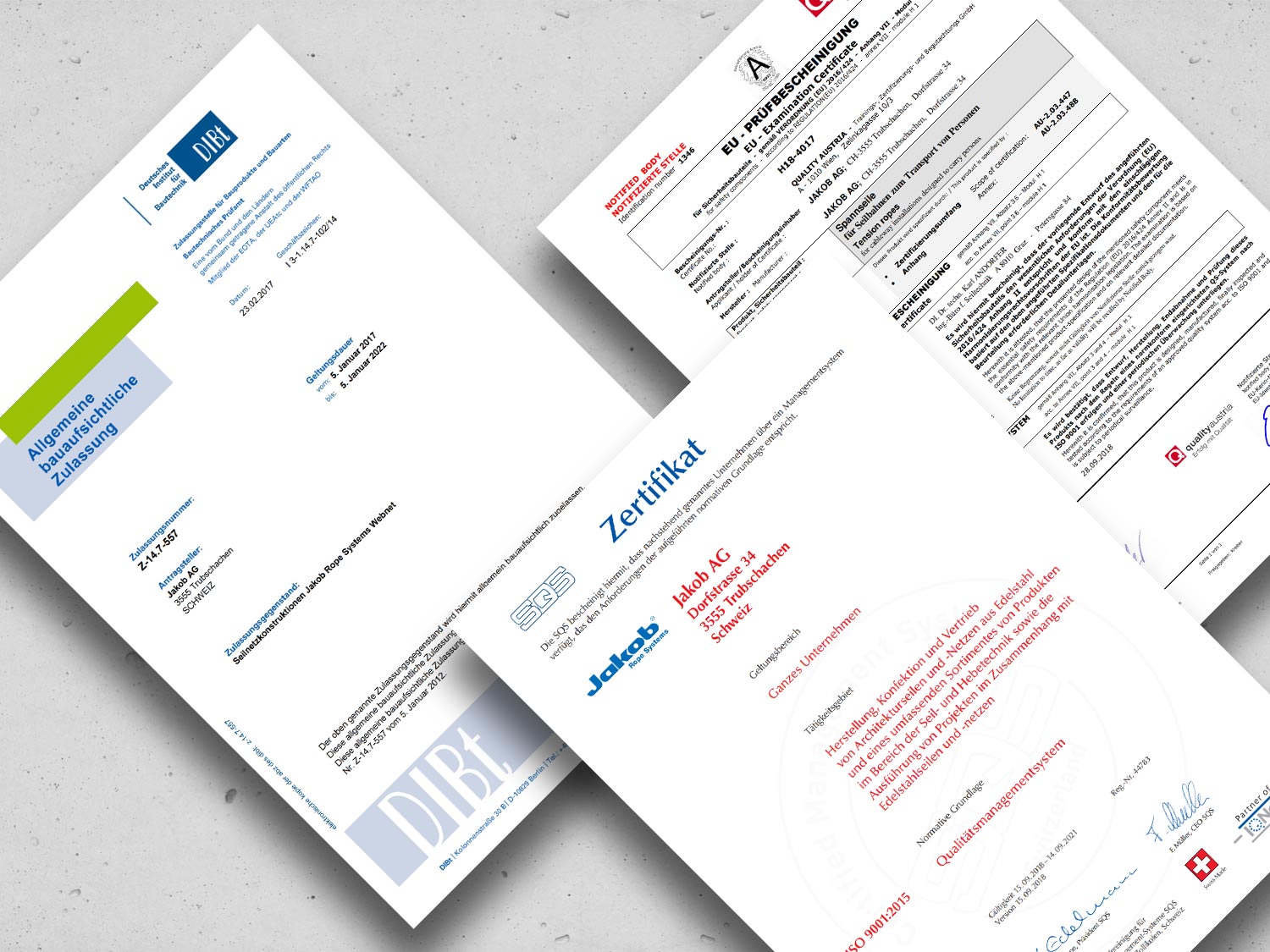 Collage des certificats de Jakob Rope Systems